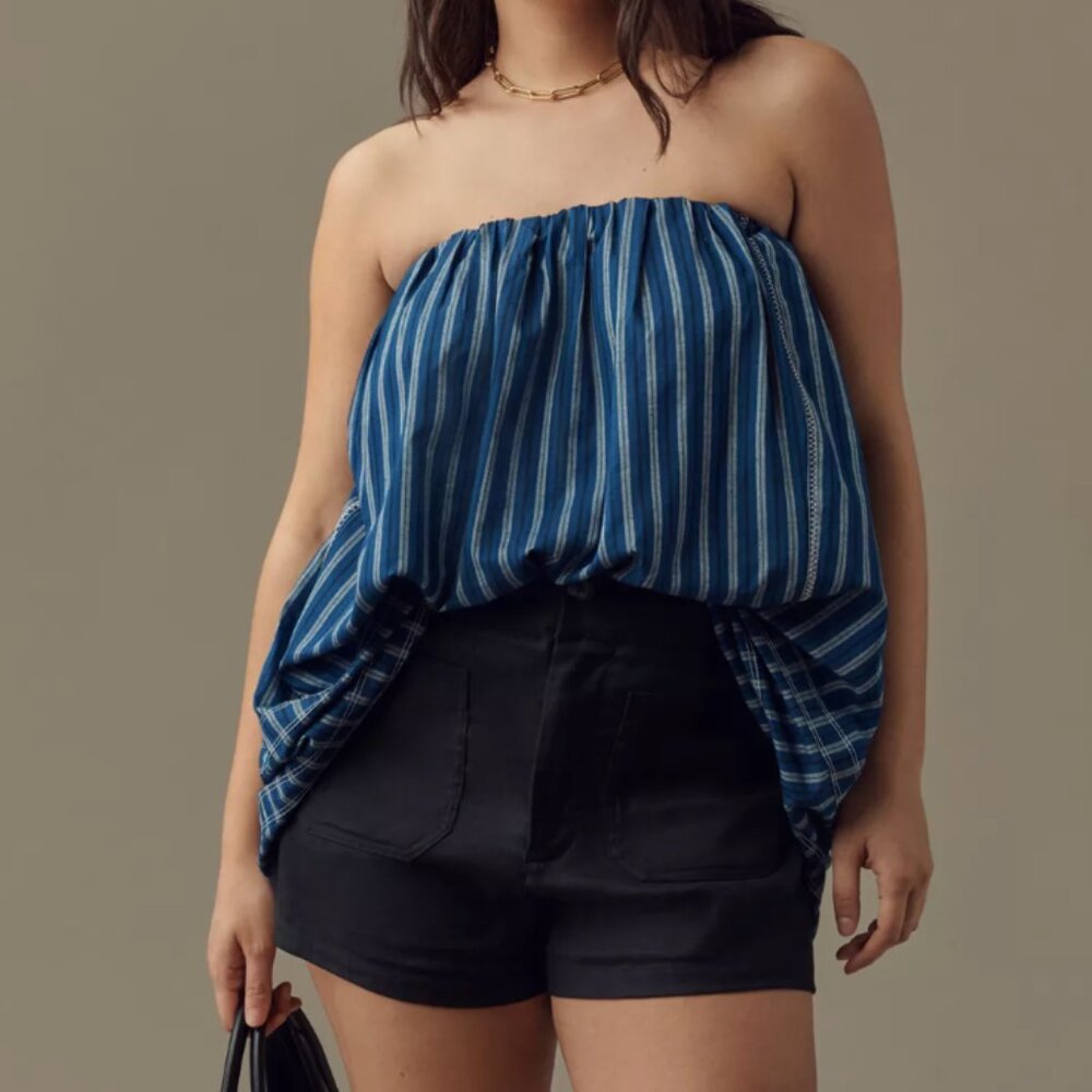 Pilcro Pilcro Strapless Tunic Blue and White Striped Blouse